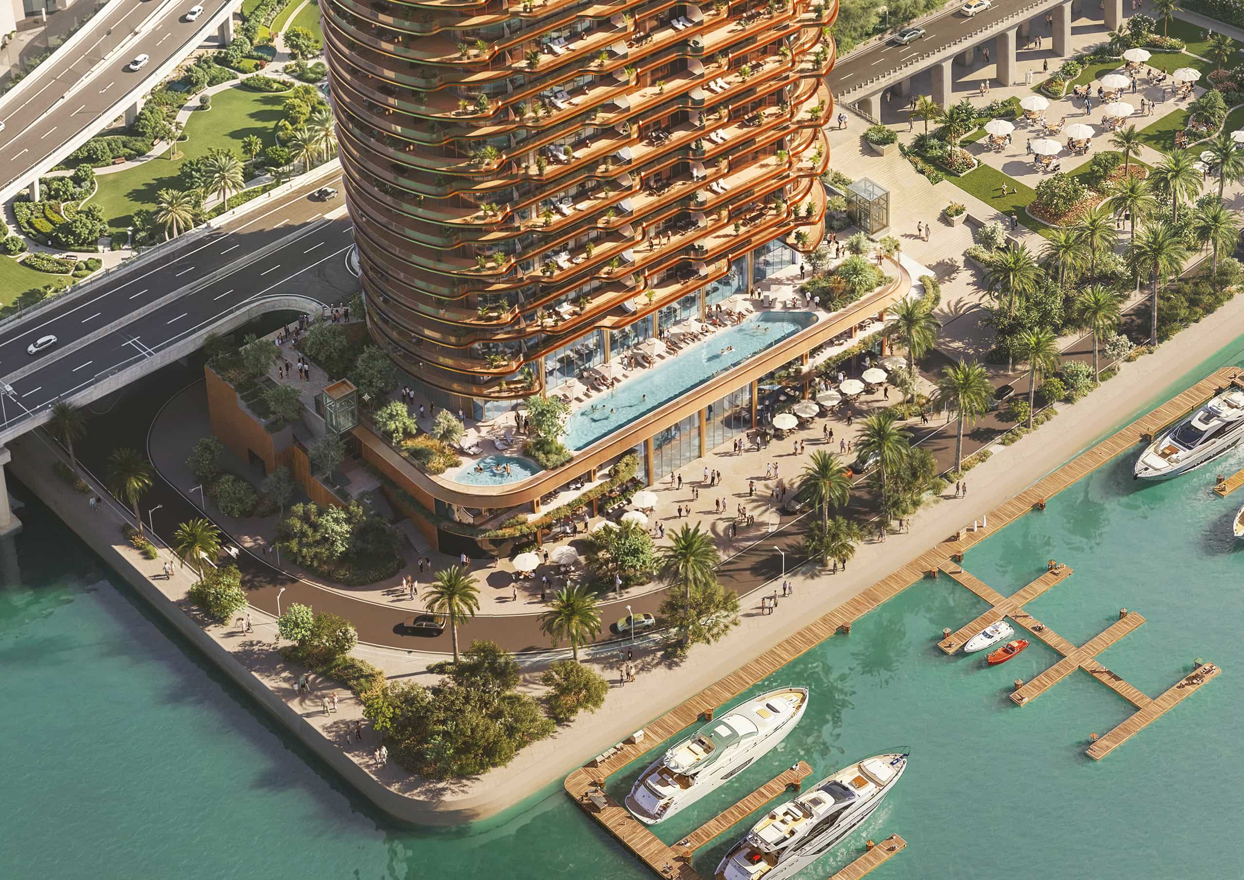 Architectural exterior of Jumeirah Residences with panoramic waterfront setting on Al Maryah Island.